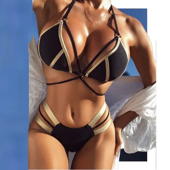

Fashion Women Sexy Bra Set Hot Stamp Sport Swimwear Push-Up Padded Hot stamping stitching casual sports sexy split swimsuit