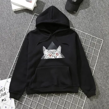 

Couple Cartoon Sweatshirt Plus Velvet Cat Print Long Sleeve Hoodie Pullover Fashion Women Hooded Sweatshirt Top