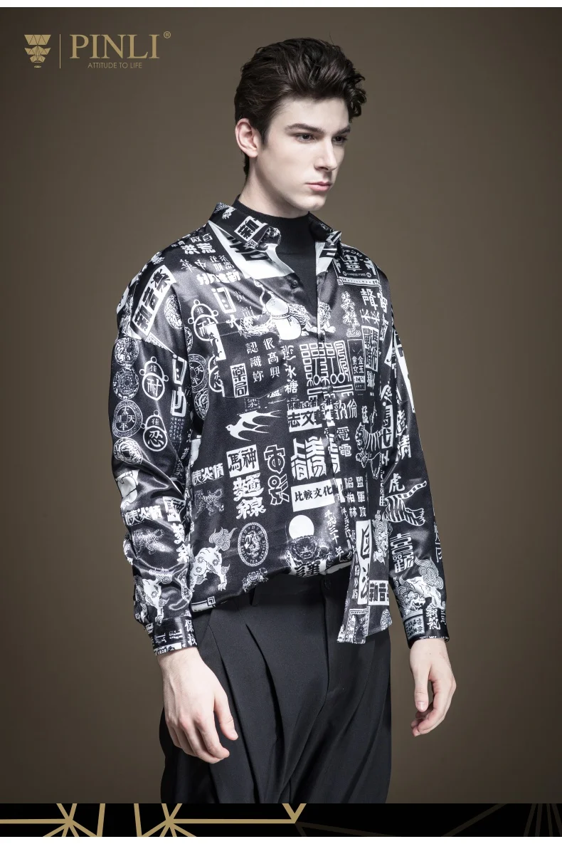 Camisas Para Hombre Pinli осень новая мужская одежда Китайский ветер печатных морщин стойкая рубашка с длинными рукавами Tide B193113091