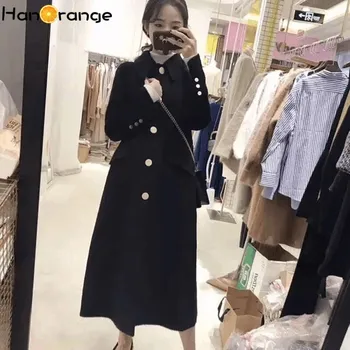 

Woolen Coat Female Peter Pan Collar Chic Woolen Long Over Knees Slim Black Woolen Overcoat