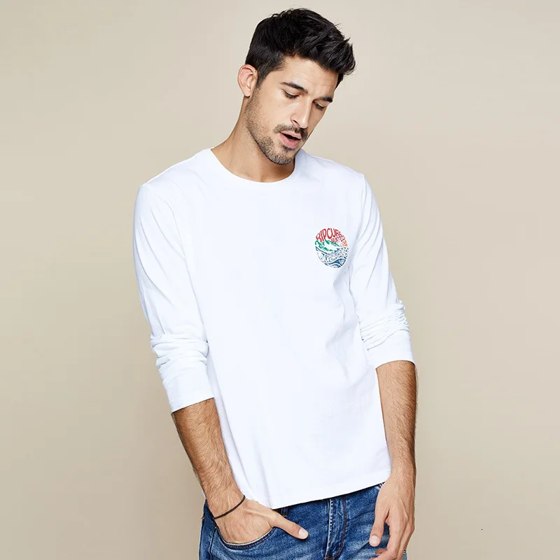 KUEGOU, осень, хлопок, простая белая футболка с принтом, Мужская футболка, брендовая футболка с длинным рукавом, футболка, модная одежда, топ 7748