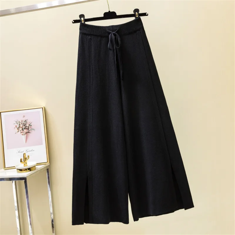 Knitted Wide Leg Pants Women Trousers Autumn Winter Loose Casual Elastic Waist Pants Pure Split Soft Cashmere Sweater Pants - Цвет: Black