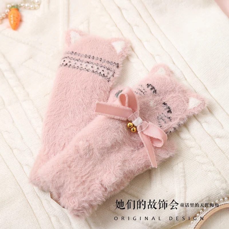 Мягкие женские теплые перчатки ручной работы Kawaii Cat, толстые плюшевые перчатки, варежки в стиле Лолиты, милые перчатки в стиле Лолиты с бантом на палец