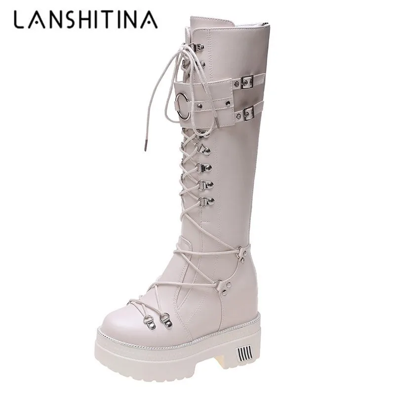 Botas de piel hasta la rodilla con plataforma gruesa para Mujer, botines Retro Punk con aumento de altura, botas largas de Mujer con cordones para invierno, 2020