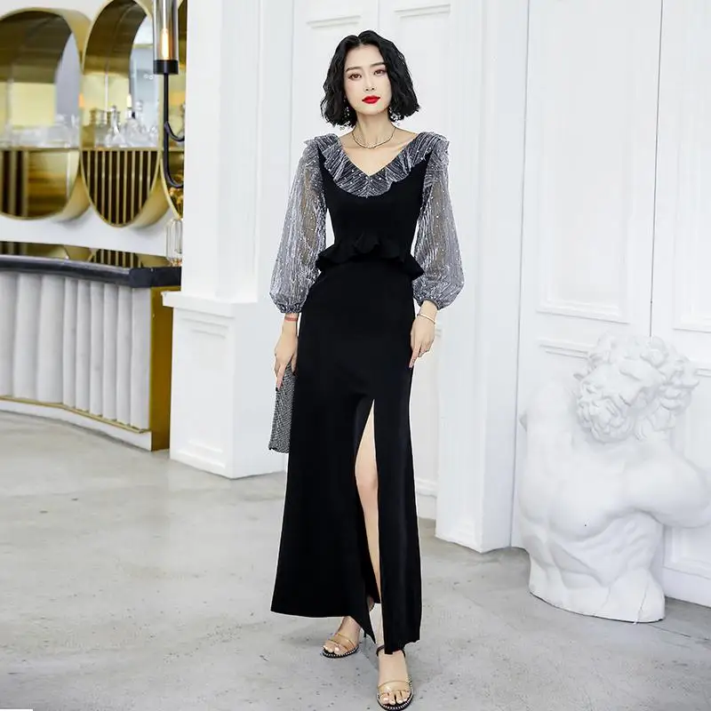 Зеленое Сетчатое вечернее платье Qipao для девушек, большие размеры 3XL Cheongsam, сексуальное тонкое платье с блестками и отложным воротником, Vestidos Defesta с поясом - Цвет: Black C