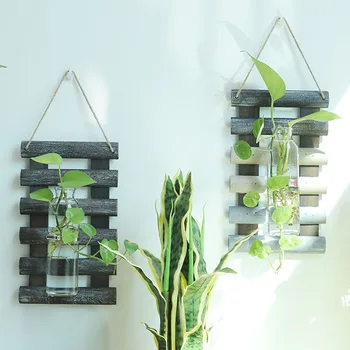 

American Wood Board Hydroponic Glass Flower Vase Green Plant Wall Hanging Crafts Creative Nordic Home Background Wall Decoration
