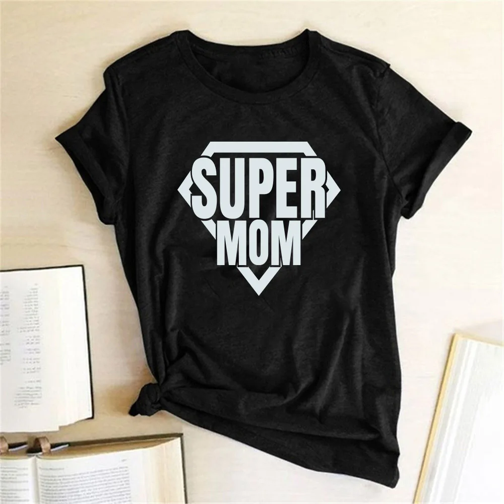 Mother's Day T-shirt Super Mom Print Women T-shirt Casual Short Sleeve Funny T Shirt Mother's Day Gift for Lady Harajuku Top Tee black t shirt for men
