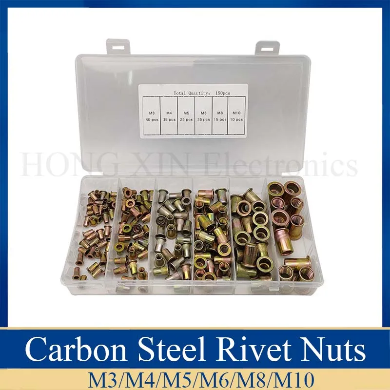 

150pcs/set M3 M4 M5 M6 M8 M10 Zinc Plated Knurled Nuts Rivnut Flat Head Threaded Rivet Insert Nutsert Cap Rivet Nut Assortment