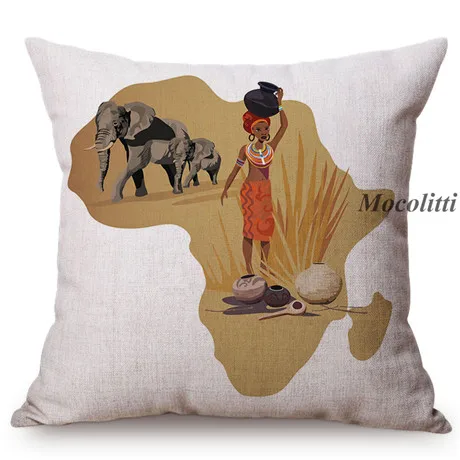 Africa Map Design Home Decor Sofa Throw Pillow Case African Nation Features Mask Wild Animals Style Cotton Linen Cushion Cover M161-3