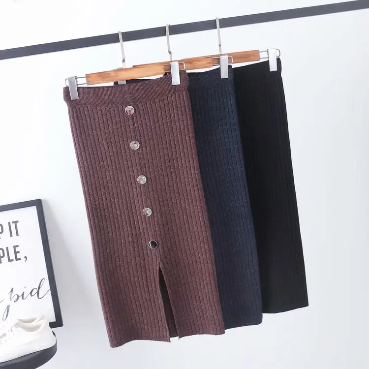 

Knitted Dress Women's New Style Mid-length Autumn And Winter Fashion Skirt Slimming Sheath High-waisted Slit One-step Skirt S254