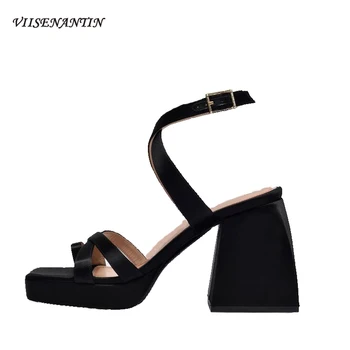 

2020 New Fashion Leather Sandals Trendy Women's Waterproof Platform Party Thick Heel Platform Square Toe Open Toe High Heels