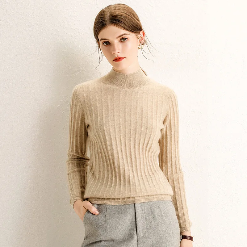 

Women's Cashmere Sweater Half-Turtle-Neck Autumn And Winter Cashmere Pullover Sweater Long-sleeve Knitwear Simple Sunken Stripe