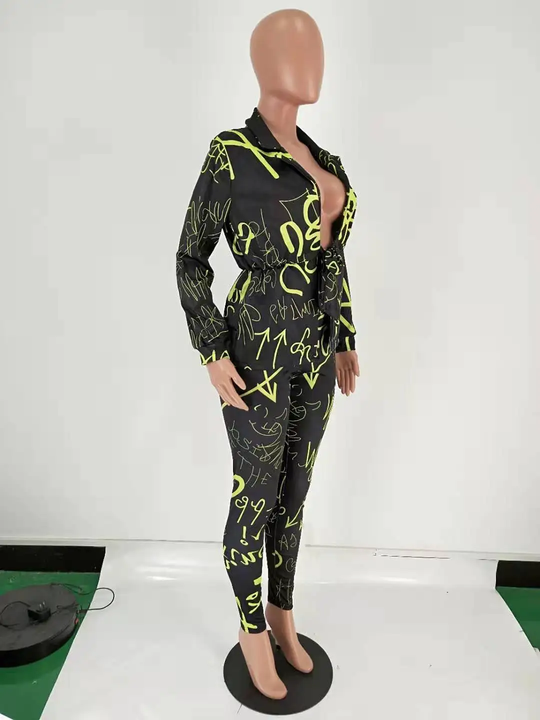 Зимний женский комплект с длинными рукавами и буквенным принтом, рубашка с завязками, верхний карандаш, штаны, костюм, комплект из двух предметов, элегантный спортивный костюм, наряд GLMN8056