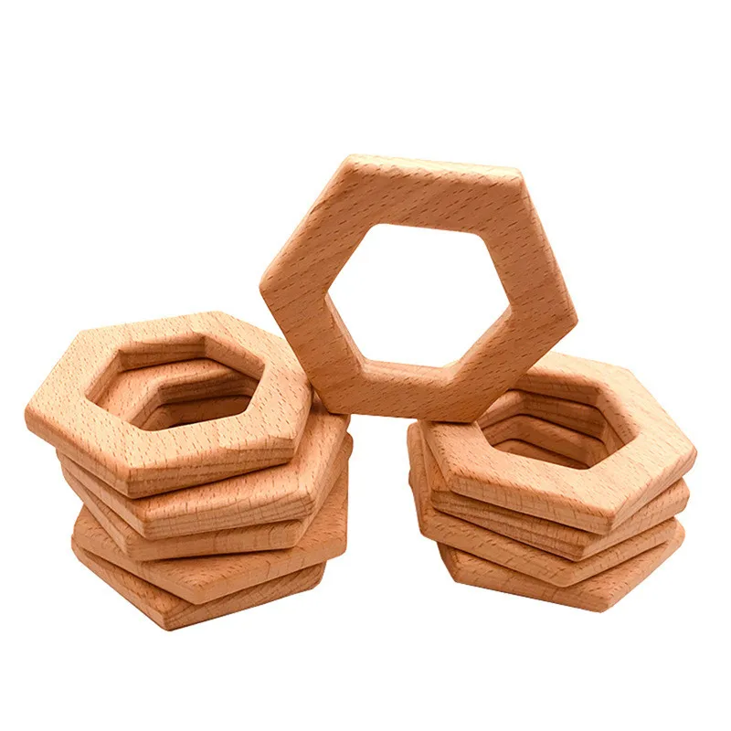 

Newborn Wooden Teether Food Grade Beech Wood Geometric hexagon Shape DIY Pacifier Chain 3C Certification Wooden Baby Teether Toy