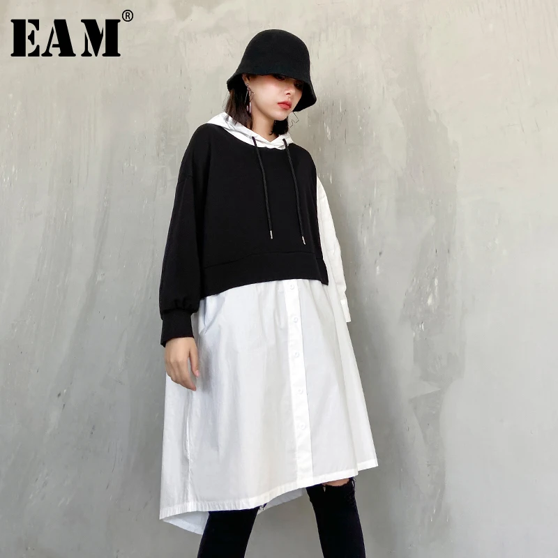 

[EAM] Women Black Contrast Color Asymmetrical Big Size Dress New Hooded Sleeve Loose Fit Fashion Tide Spring Autumn 2020 1R807