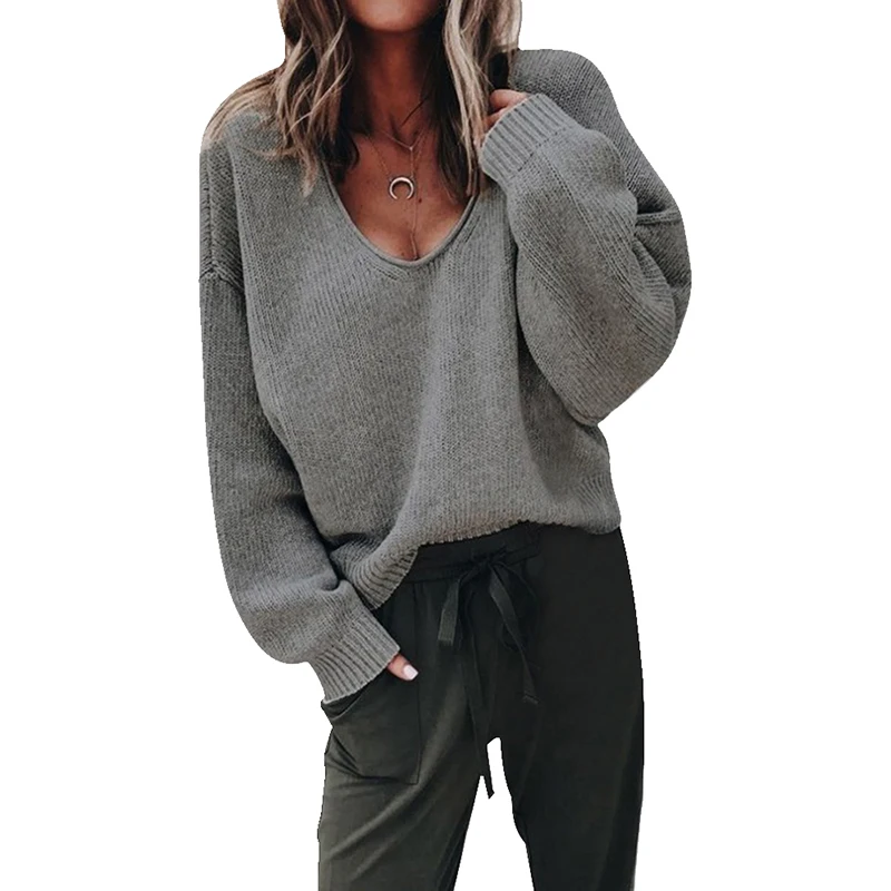 SHUJIN Для женщин Повседневное вязаный свитер с v-образной горловиной и длинными рукавами пуловеры для свободные однотонной осень-зима женские Модные Теплые Топы - Цвет: Dark gray