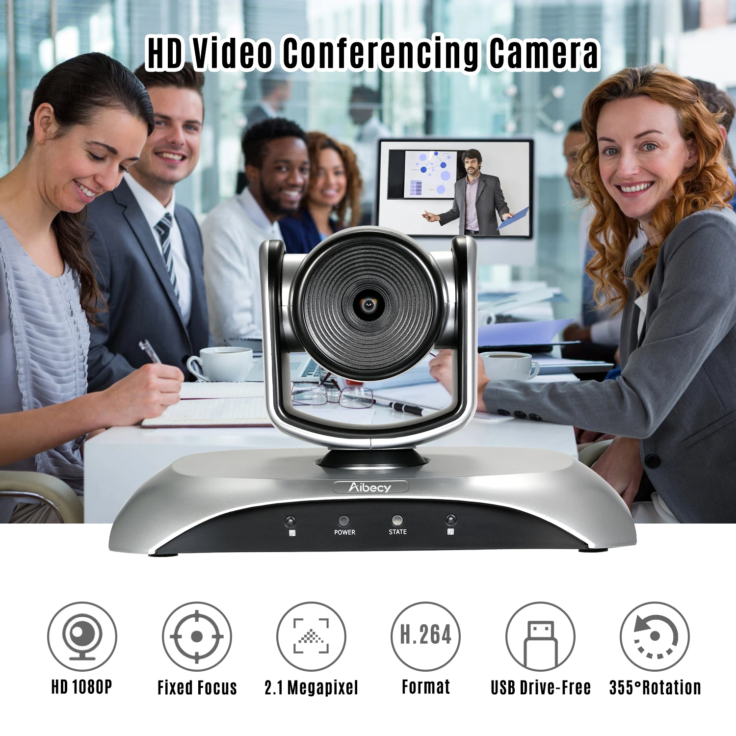1080P Video Conference Camera Fixed Focus Wide Angle Webcam Supported H.264 Hard Compression 355&deg; Rotation with Remote Control