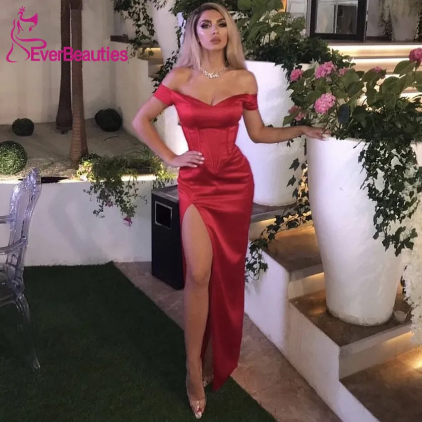 Бургундия с плеча Длинные Русалка Вечерние платья Robe De Soiree Атласное Вечернее Платье С Боковым Разрезом Abendkleider
