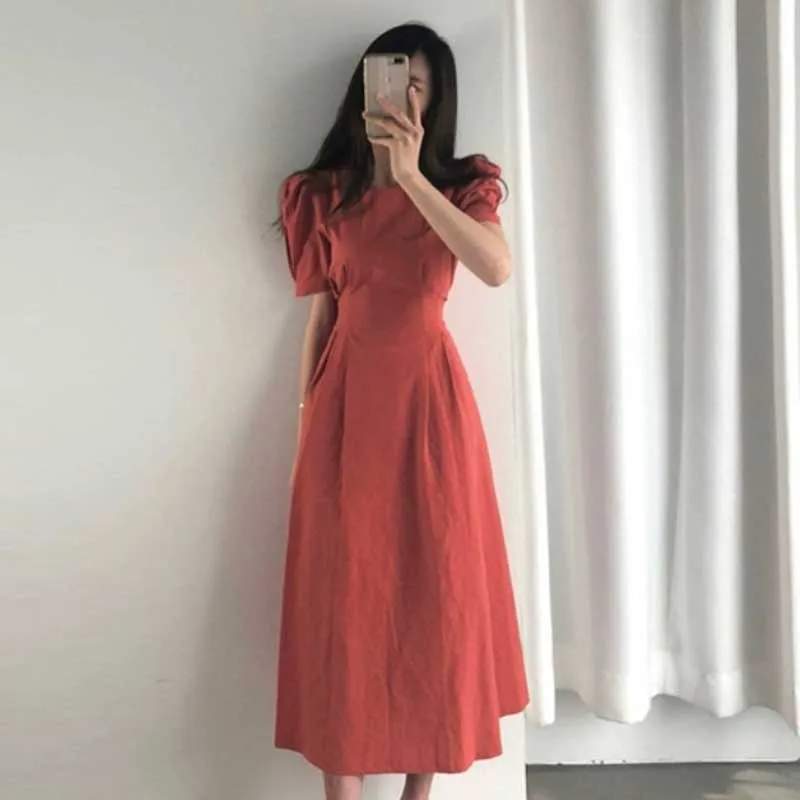 Korean One-Piece Dress 2020 Summer French Vintage Cotton Linen Dress Women Elegant Puff Sleeve Waist Dress Lady Office Dresses