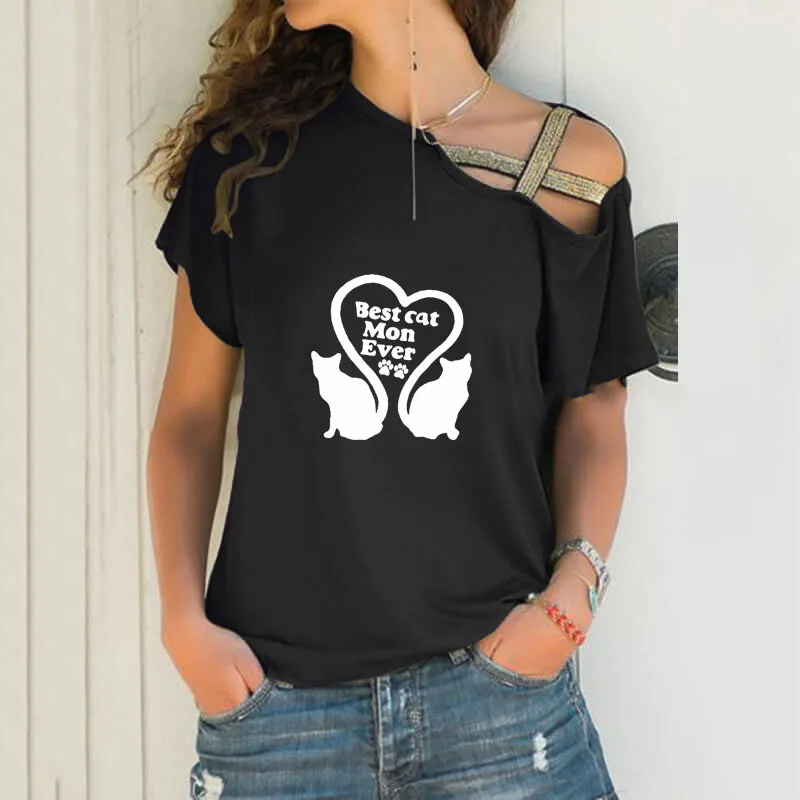 Best Cat Mom Ever Heart Loose T-shirt Women Irregular Tshirt Mother Gift Tops Punk Harajuku Skew Neck Cross Bandage | Женская одежда