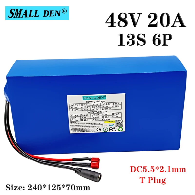 

48V 20Ah 18650 13S6P lithium battery pack 25A BMS + XT60 / T plug 20000mAh 1000W DC 54.6V electric bicycle scooter battery