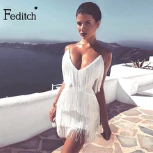 Feditch/сексуальное женское платье с v-образным вырезом и кисточками на бретельках, без рукавов, летние белые и черные вечерние платья, элегантные Клубные платья