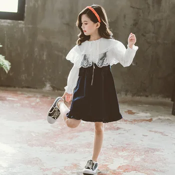 

Teen Girls Clothing Sets Spring Autumn Kids Outfits Girl School Costume Lace Collar White Blouse Denim Skirt Child Clothes Suit