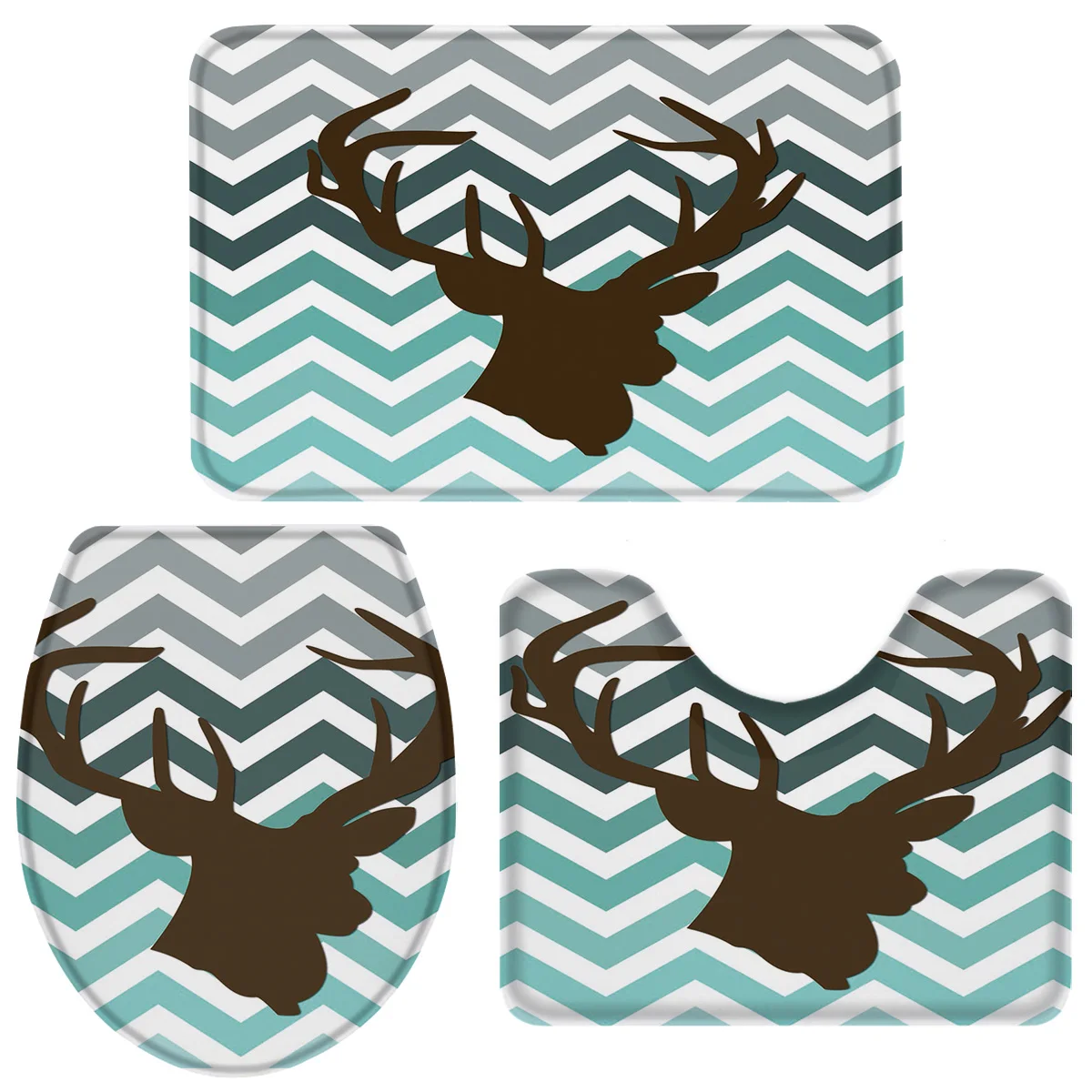 3 Pieces Bathroom Set Elk Silhouette Stripes Bath Set Toilet Cover Mat Pedestal Rug Non-Slip Bathroom Rug Set
