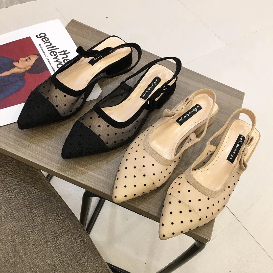 

2019 New Style Autumn Online Celebrity Closed-toe Sandals Women's Polka Dot Gauze Breathable Pointed Shoes Women's Chunky-Heel S