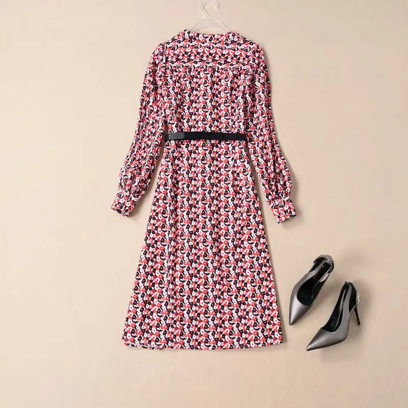 Princess Kate Dress Women Long Sleeve Dress Autumn Flower Print Runway Robe V Neck Single-breasted Vintage Midi Dresses+ Belt