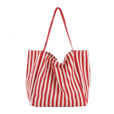 Большая вместительная сумка Женская Новая повседневная женская сумка полосатая Холщовая Сумка на плечо - Цвет: Red B