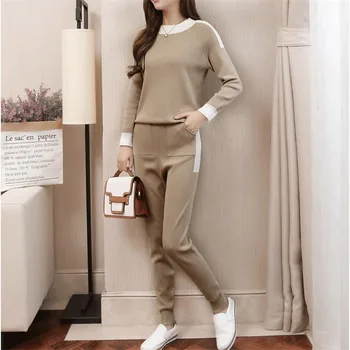 

CBAFU autumn winter women tracksuit long sleeve sweater pants suit knitted trousers suit knitting women's set elastic waist P397