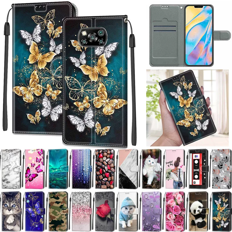 For Xiaomi Poco X3 Cartoon Butterfly Case Capa on Xiomi Poco X3 Pro NFC POCOX3 Case Card Slot Wallet Leather Magnetic Book Cover