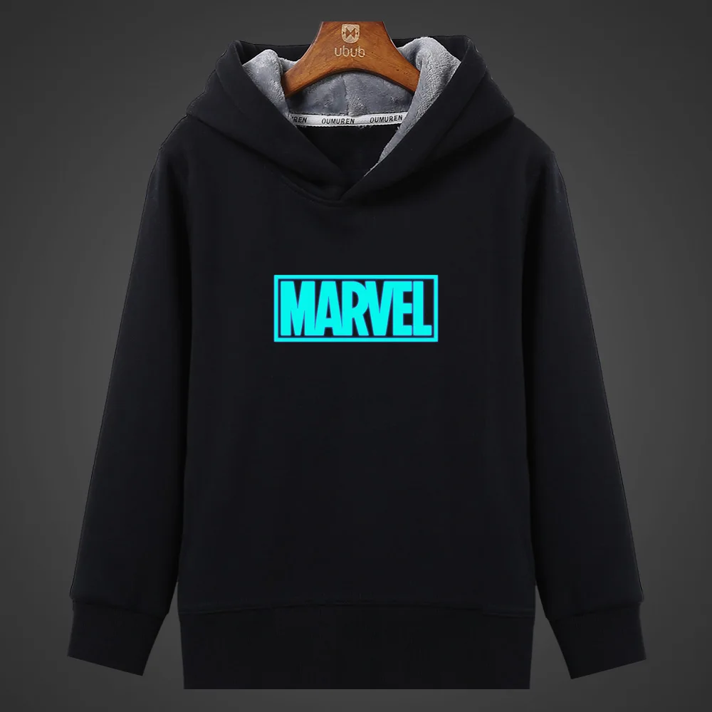 Marvel буквы Мстители флуоресцентные толстовки с капюшоном, светящийся рисунок Мужская толстовка с капюшоном Зимние флисовые Теплые Топы унисекс размера плюс Coa