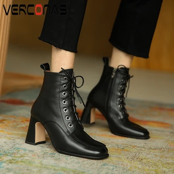 

VERCONAS 2020 Women Ankle Boots Elegant Office Lady Autumn Winter Genuine Leather Shoes Woman Cross-Tied Thick Heels Zip Boots