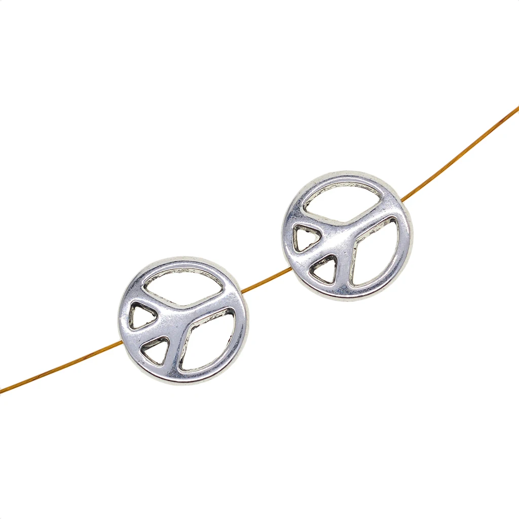 50pcs Tibetan silver color Round Flat Spacer Beads Peace Symbol Charm Beads Necklace Bracelet Beads 1.2mm Hole DIY Jewelry Accessories