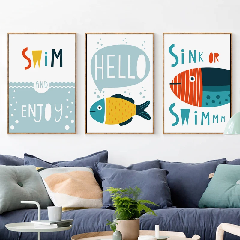 07G-Simple-Abstract-Cartoon-Ocean-Fish-English-A4-Canvas-Art-Painting-Print-Poster-Picture-Wall-Child (3)