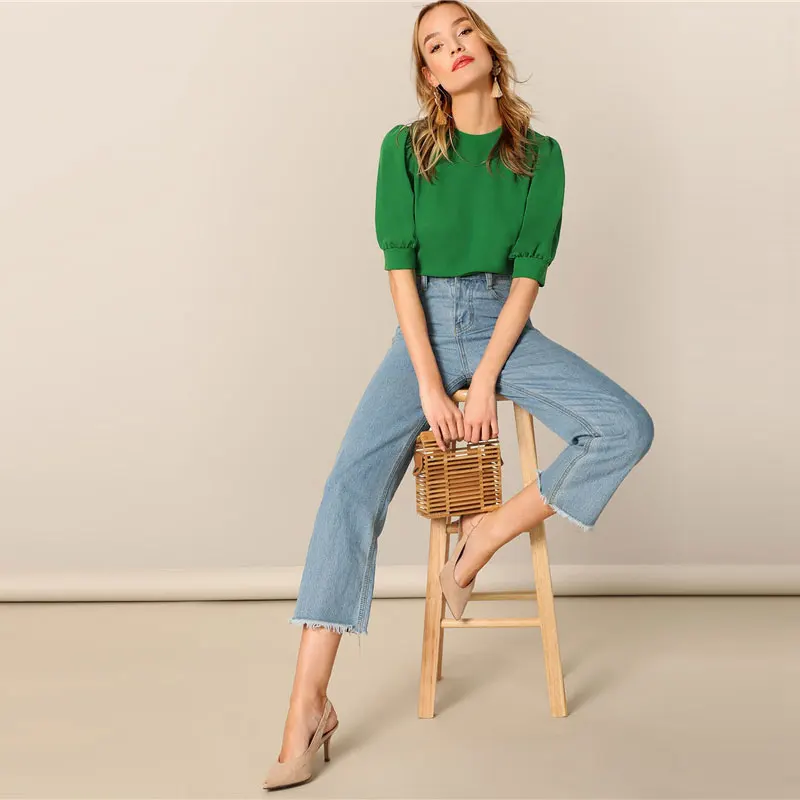 Blusas Senhoras Outono Casual Verde Puff Meia Manga Sólida Top & Blusa Feminino Workwear Elegante Solto 2021 6 High Quality Moda Feminina