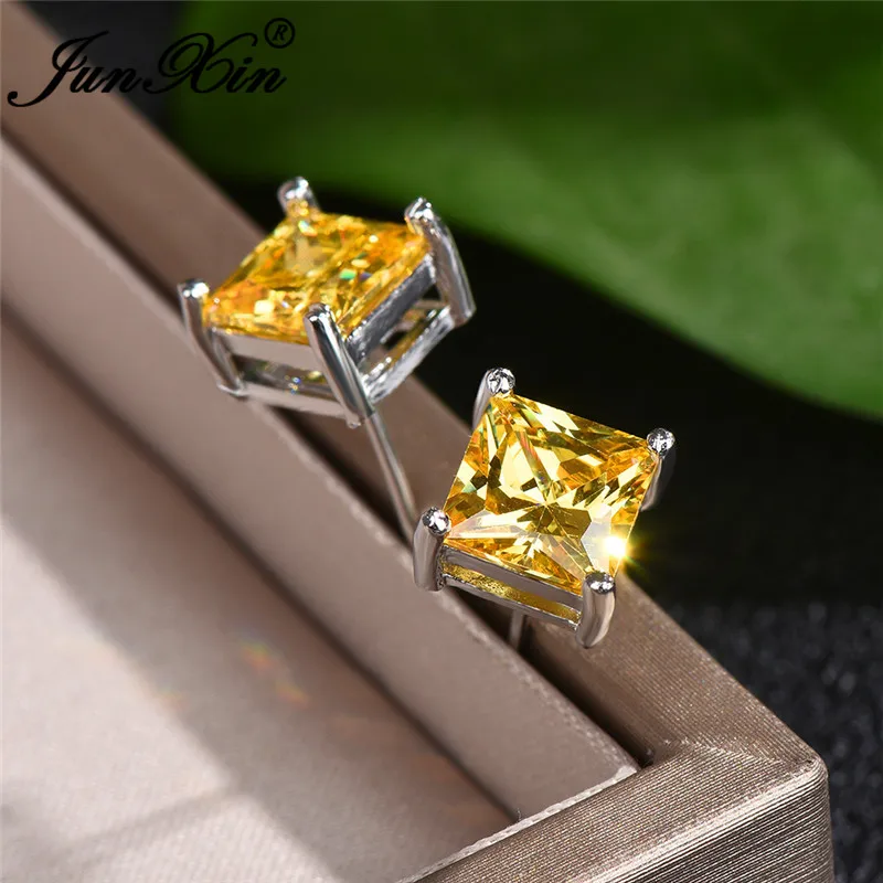 Vintage Yellow Crystal Princess Square Stud Earrings Geometric Zircon Stone Wedding Earrings For Women Stacking Ear Studs
