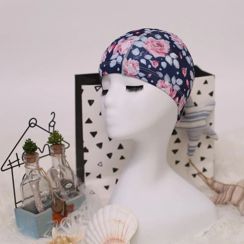Flower Print Fabric Swimming Cap Swiming Pool Protect Long Hair Ears Hat Swim Bathing Hats Caps for Women Men Adults Ladies Hat