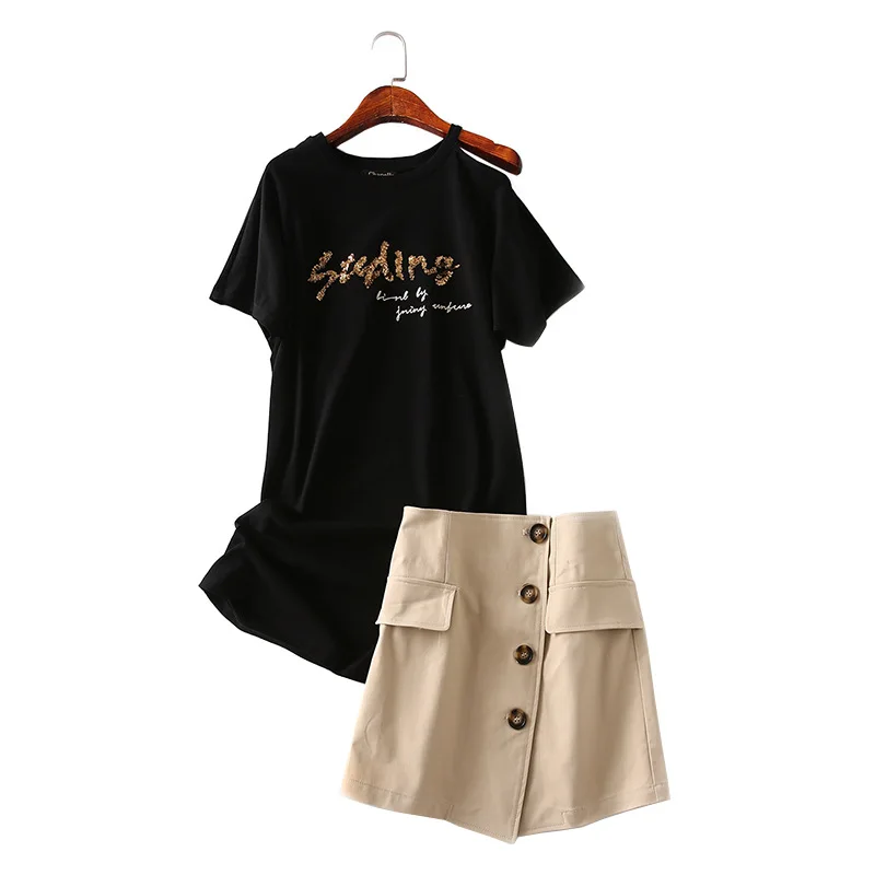 

One's Fashion Sequin Embroidered off-Shoulder T-shirt High Waist Skirt Two-Piece Set Entity