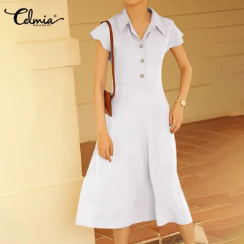

Women Fashion Shirt Dress 2020 Celmia Summer Sundress Short Sleeve Lapel Buttons Casual Pleated Loose Midi Vestidos Belted Robe
