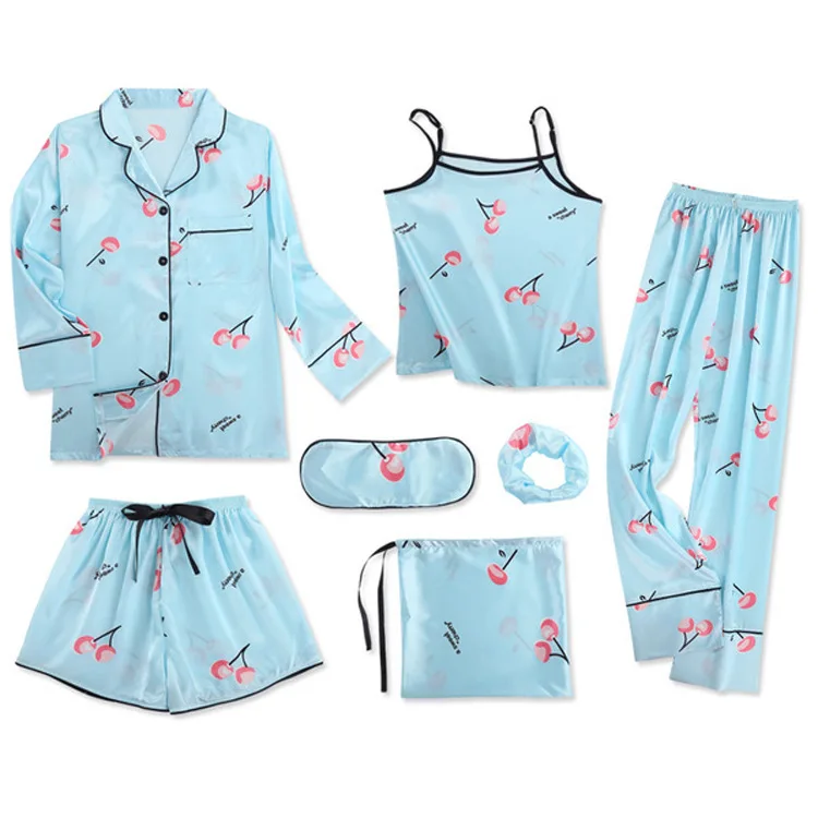 

New Style Spring And Summer Pajamas Women's Cartoon Cherry Sweet Model Silk Long Sleeve Tracksuit Seven Set