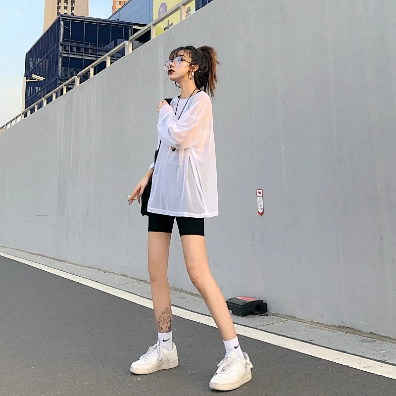 Lychee Harajuku прозрачная сетчатая женская футболка с длинным рукавом с принтом сзади Осенняя женская футболка свободные женские футболки