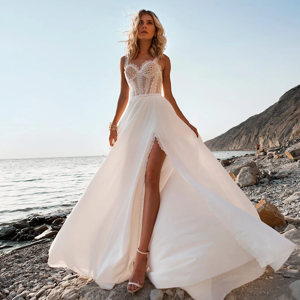 

Charming Satin Chiffon Wedding Dress 2020 Boho Simple Sweetheart Lace Spaghetti Straps Bridal Gowns with Slit