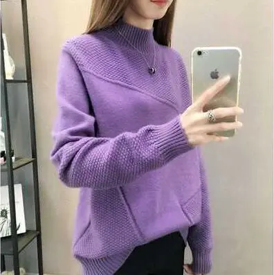 purple Новинка, Свободный теплый осенне-зимний пуловер, свитер женский джемпер, полуводолазка, длинный рукав, вязаный фиолетовый свитер, Женский NS4380 - Цвет: purple