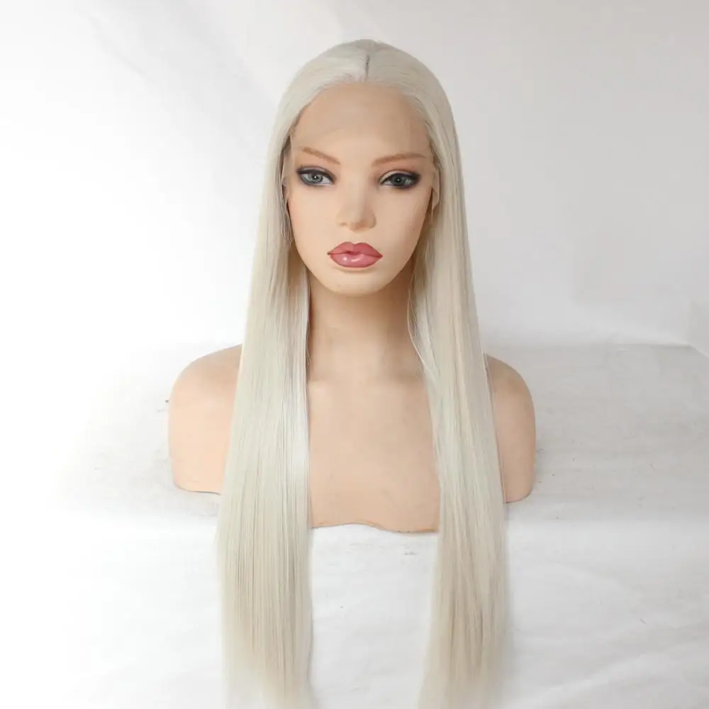 

MRWIG Middle Part #60Blonde Long Straight Heat Resistant Fiber Glueless Wigs For Women Synthetic Lace Front Wig