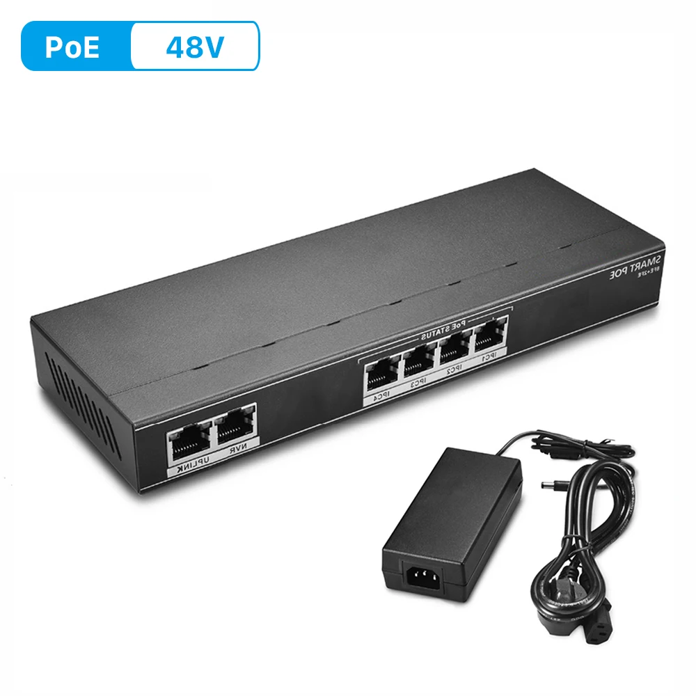 4CH Ethernet коммутатор питания через для ip камеры с питанием по PoE 2 + 4 Порты и разъёмы