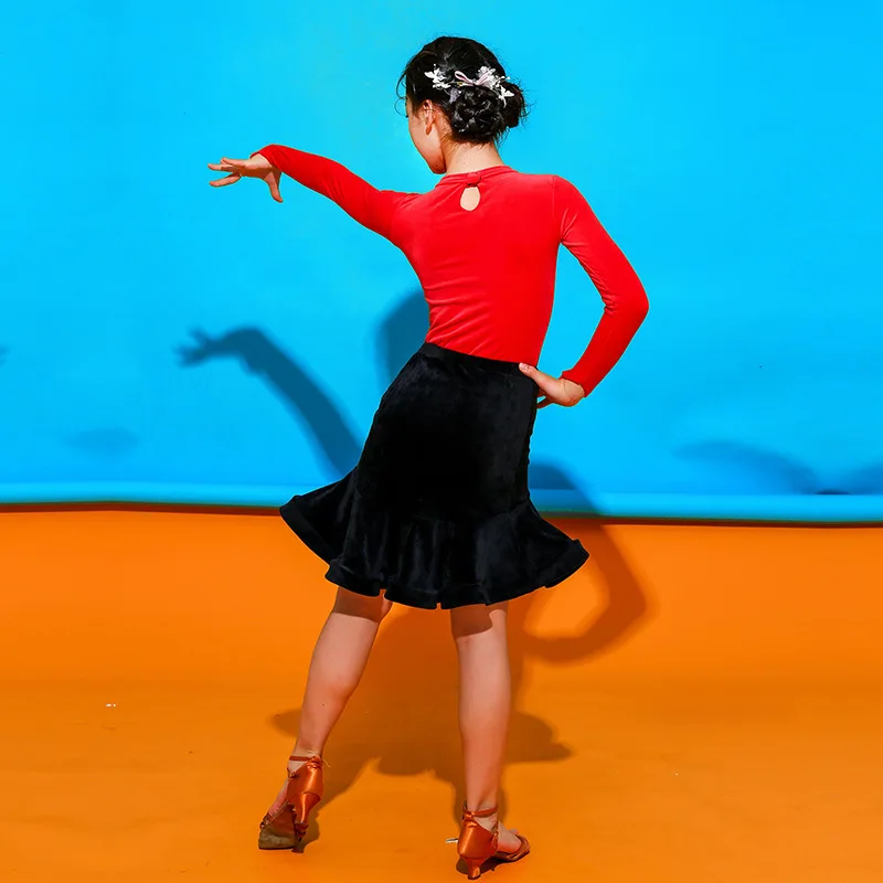 Children Latin Dance Practice Clothes Ballroom Dance Dress Girls Latin Performance Suit Top+Skirt Latin Dance Costumes 2 Pcs Set (2)
