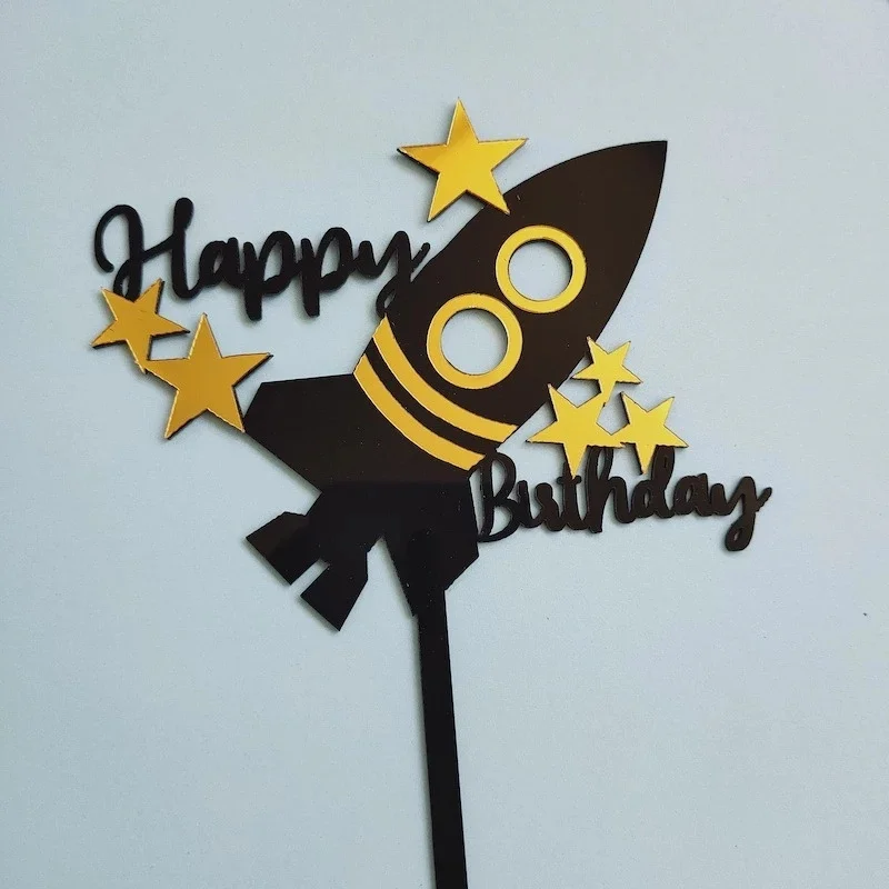 1pcs Double Layers Acrylic Space Theme Rocket Happy Birthday Cake Topper Kids Birthday Party Decoration Supplies Boy Favors